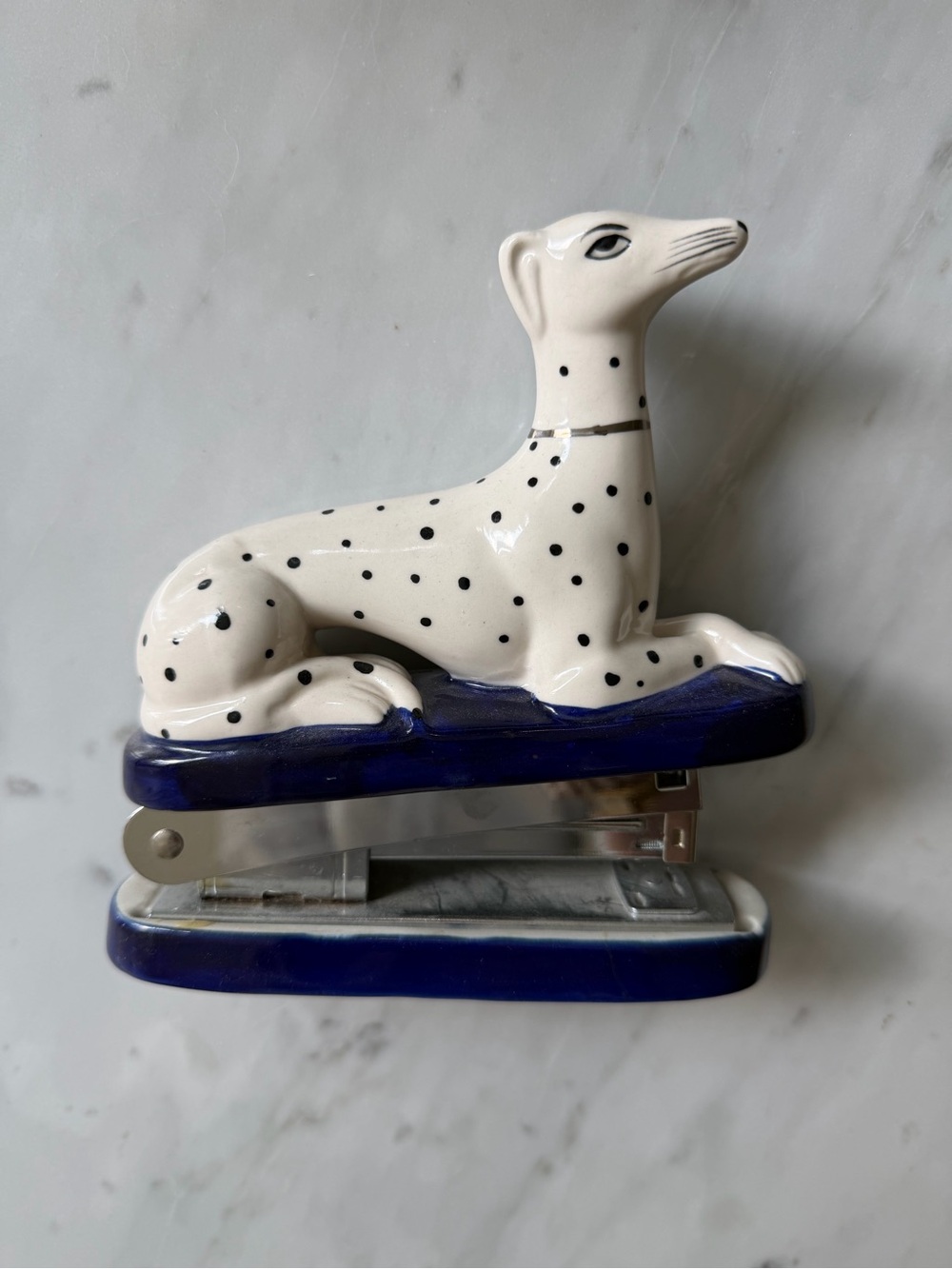 Anthropologie Ceramic Dog Stapler - White with Black Spots and Deep Blue Base